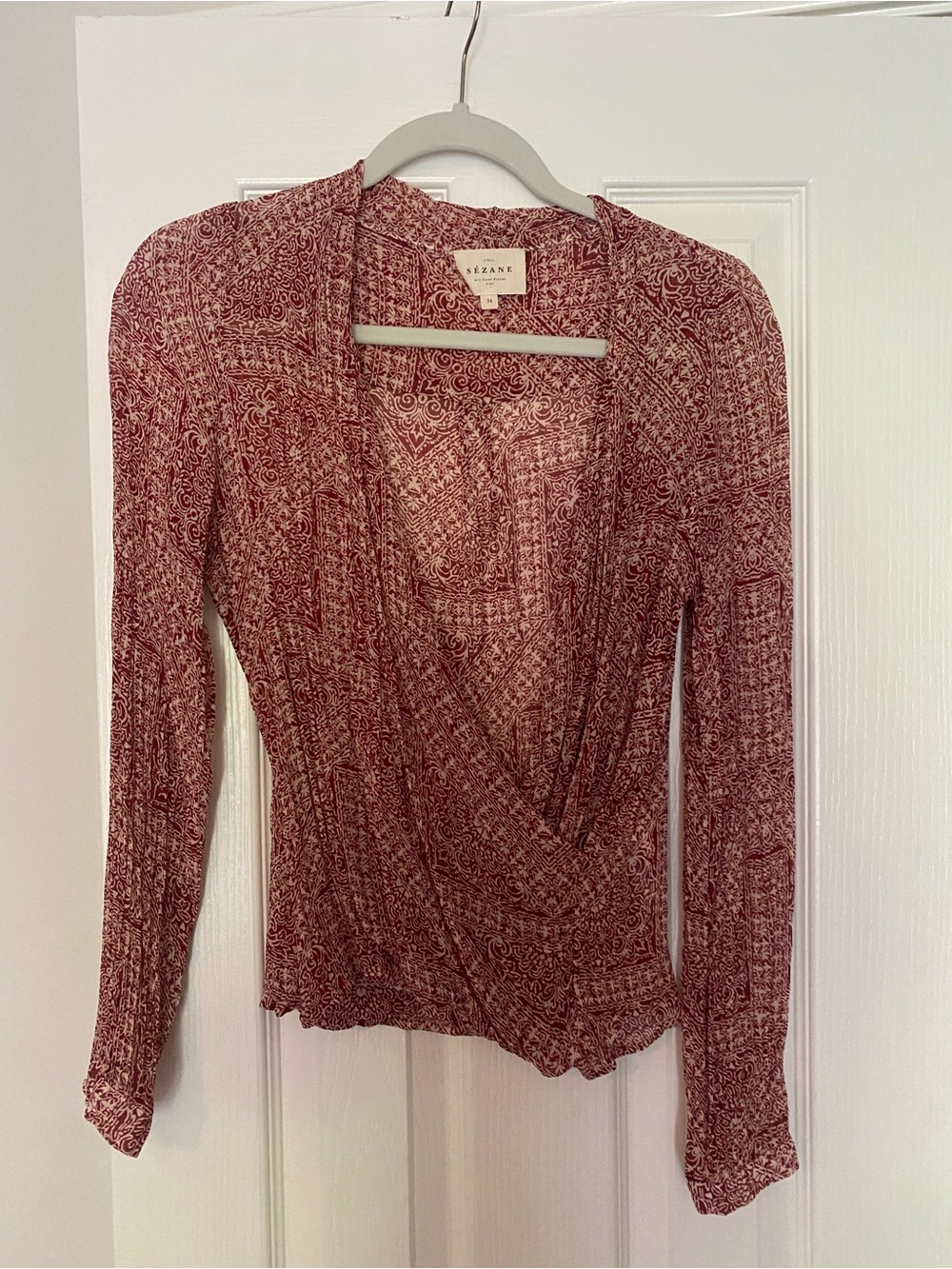 Sezane Abelia Red Printed Long-Sleeve Wrap Top